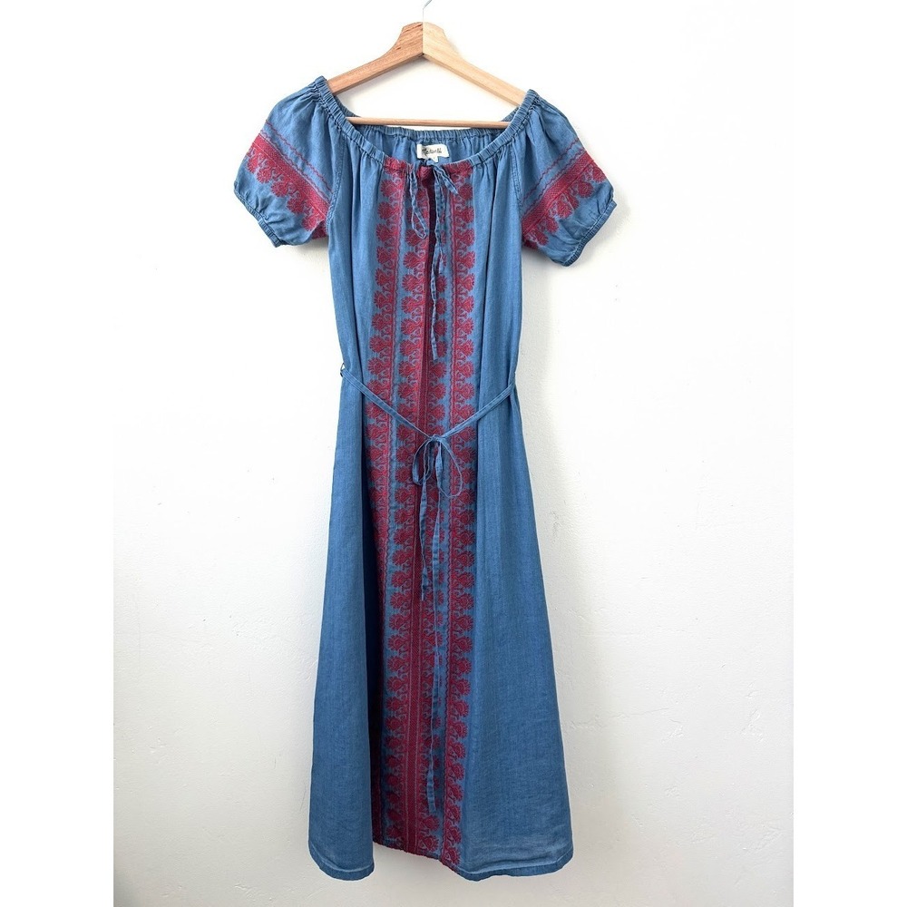 Madewell Mercado Blue Embroidered Cotton Midi Dress Off Shoulder Size S Boho - Picture 2 of 9